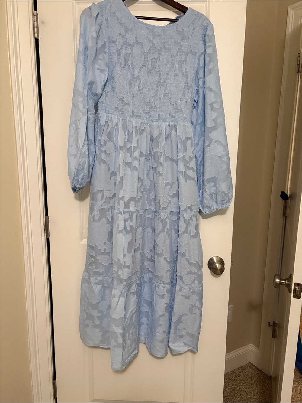Light Blue Floral Jacquard Tiered Midi Dress